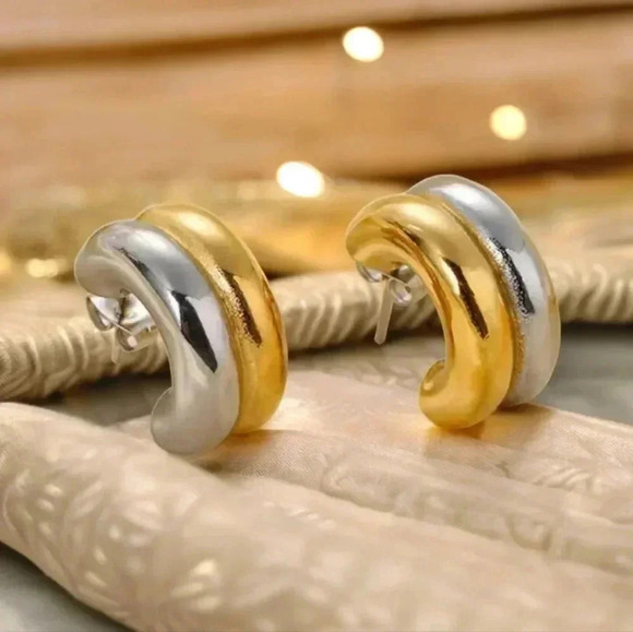 ποΈModern Dual-Tone Chunky Hoops 18K Gold Plated Stainless Steel Trendy Earrings - Picture 5 of 9